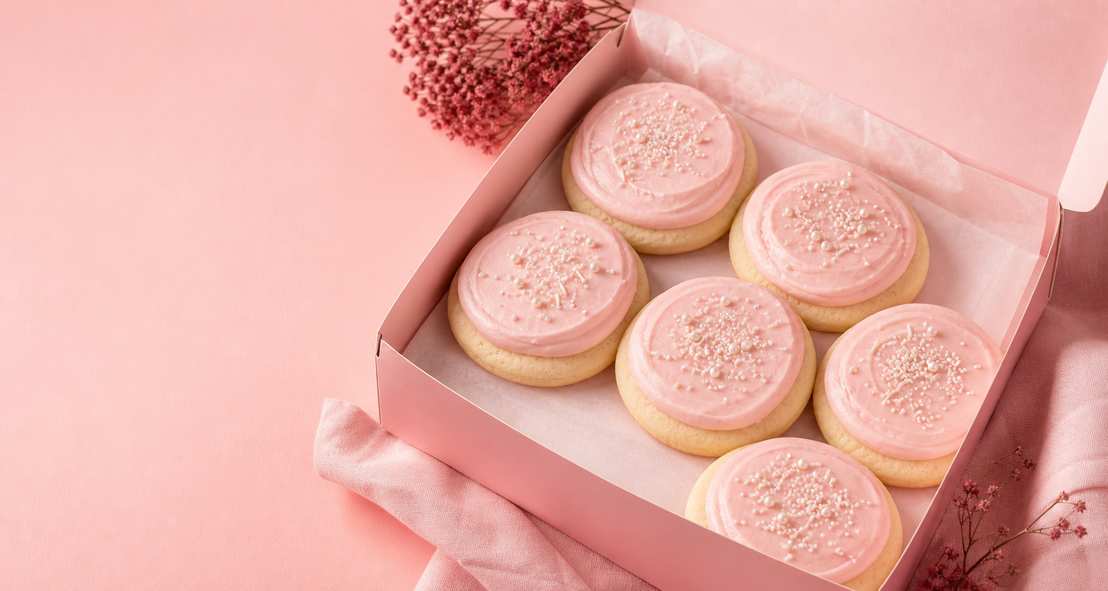 Pink frosted cookies in a pink bakery box