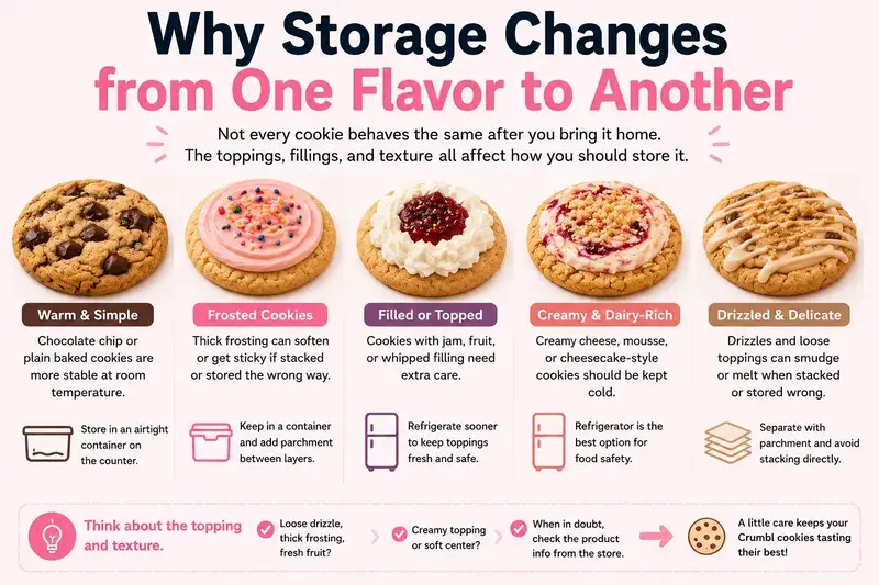 How storage changes from one Crumbl cookie flavor to another based on toppings and texture