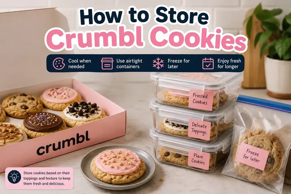Crumbl cookies stored in airtight containers with frosted cookies, delicate toppings, and plain cookies prepared for freezing