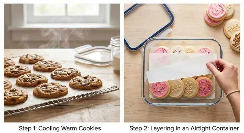 Warm Crumbl cookies cooling on a rack and frosted cookies layered with parchment paper in an airtight container