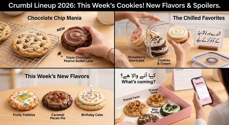 Crumbl Cookie lineup 2026 featuring chocolate chip cookies, chilled favorites, new weekly flavors, and upcoming flavor spoilers