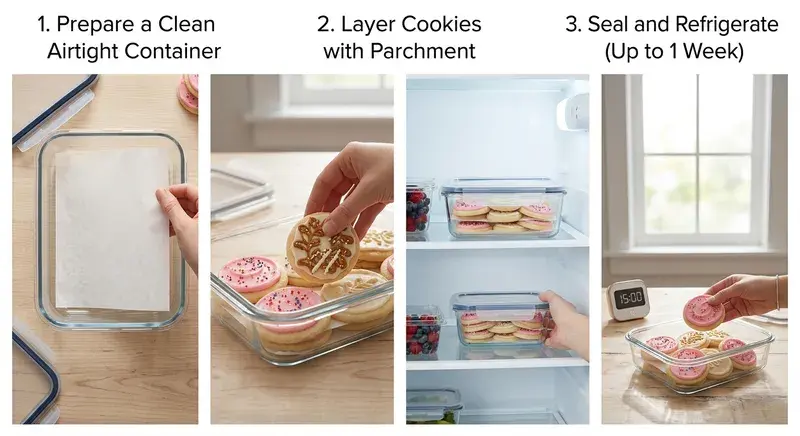 Step-by-step guide showing how to store Crumbl cookies in an airtight container with parchment paper and refrigerate them